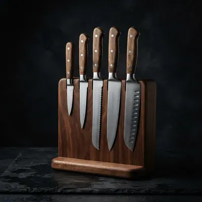 Five-piece knife set in a walnut block, studio photograph