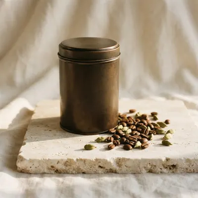 Cardamom Dusk Blend in a dark bronze tin