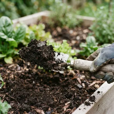A trowel lifting soil in a raised bed