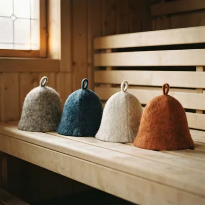 Felt sauna hats in four colors on a sauna bench