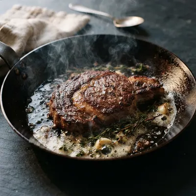 Carbon steel skillet searing a steak
