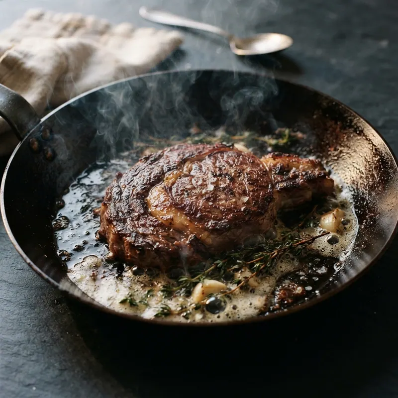 Carbon steel skillet searing a steak