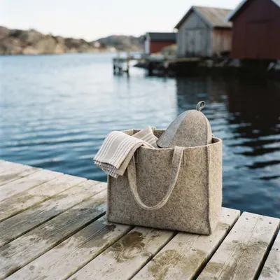 A wool tote packed with a towel and a felt hat