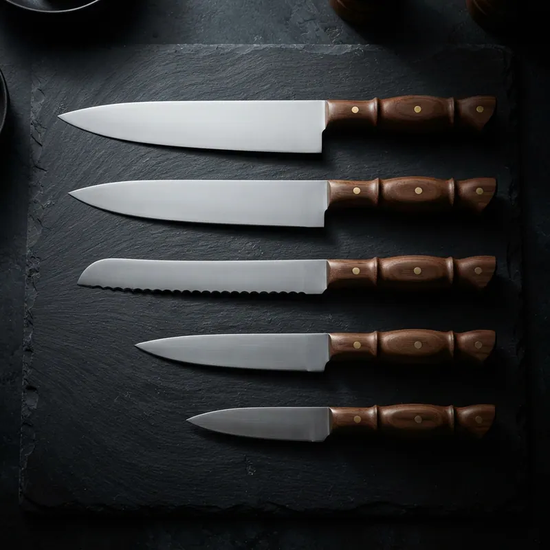 The five knives of the set laid out side by side