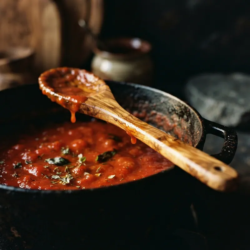 Olivewood spoon resting in a pot of sauce