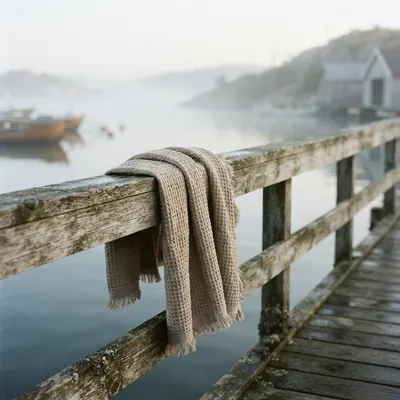 A linen towel over a jetty rail by the water