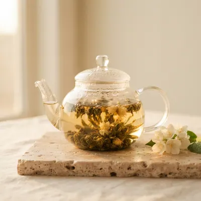 Jasmine pearls unfurling in a glass teapot