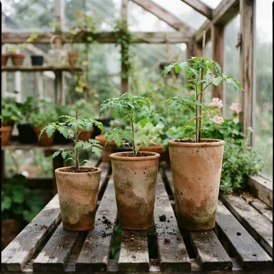 Long tom pots with tomato seedlings on a greenhouse bench