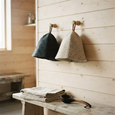 Two cone hats hanging on wooden pegs