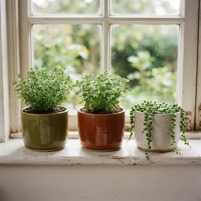 Three glazed planters in olive, sienna and ivory on a sill