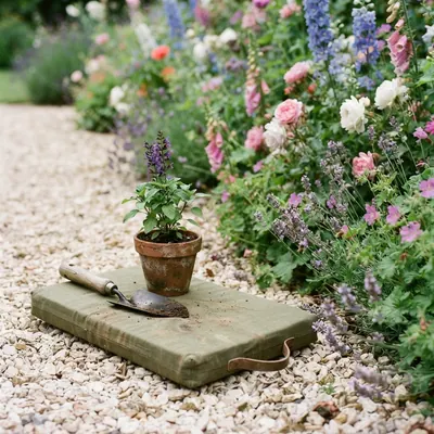 Kneeling pad on a gravel path beside a flower border