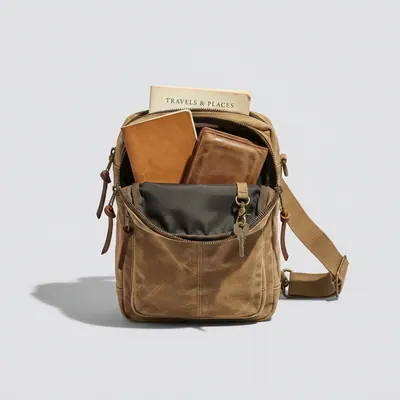 Everyday Sling in tan, opened