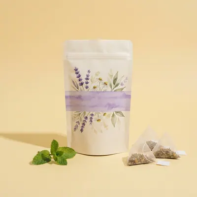 Night Meadow Herbal Tea on a butter yellow background
