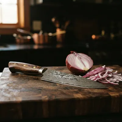 Chef's knife slicing an onion on a board