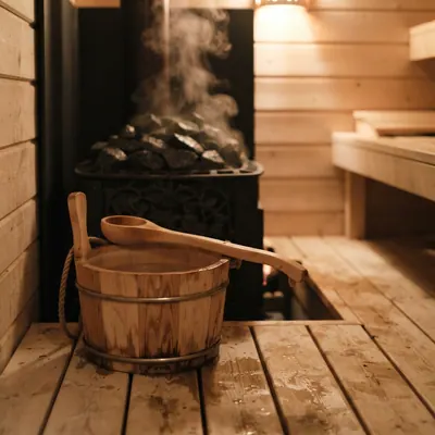 A wooden bucket beside hot sauna stones