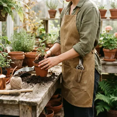 Waxed canvas apron worn at the potting bench