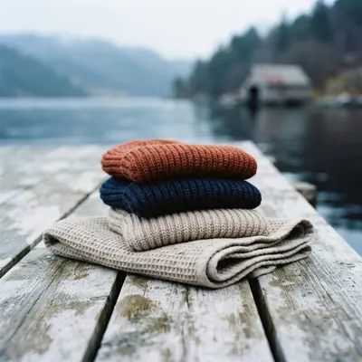 Knitted beanies in oat, navy and rust