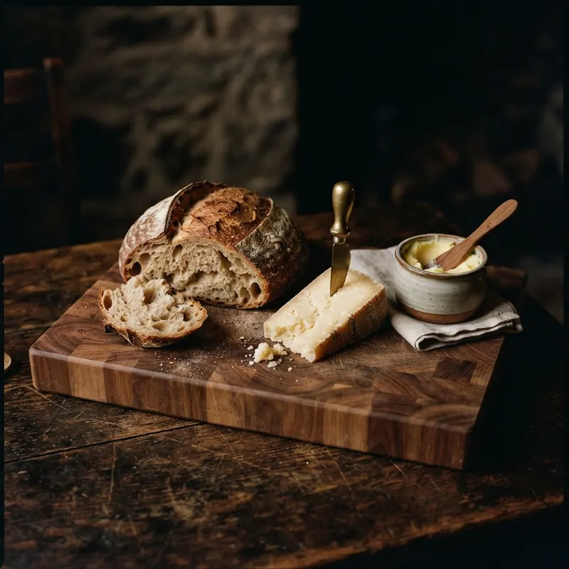Serving board with bread, cheese and butter