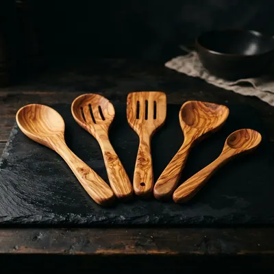 Olivewood utensil set, studio photograph