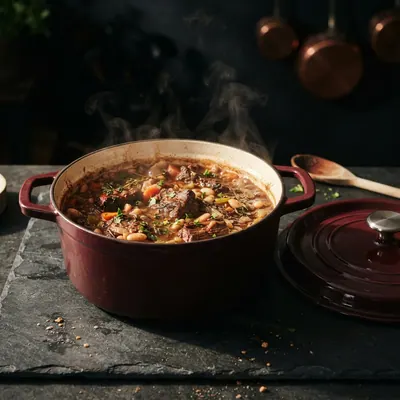 Dutch oven with the lid off, showing a braise