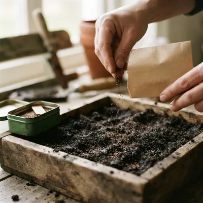 Sowing seeds into a tray of compost