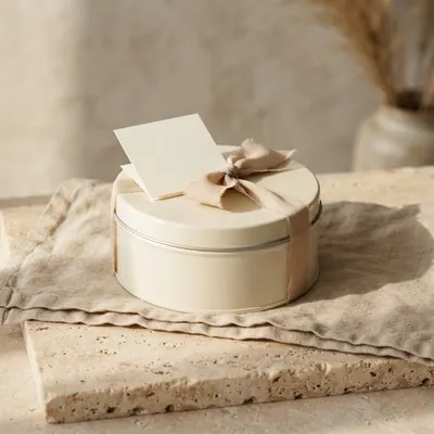 Gift tin with ribbon and blank card