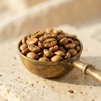Light-roast coffee beans in a brass scoop