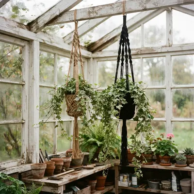 Jute hanging planters with ivy in a greenhouse