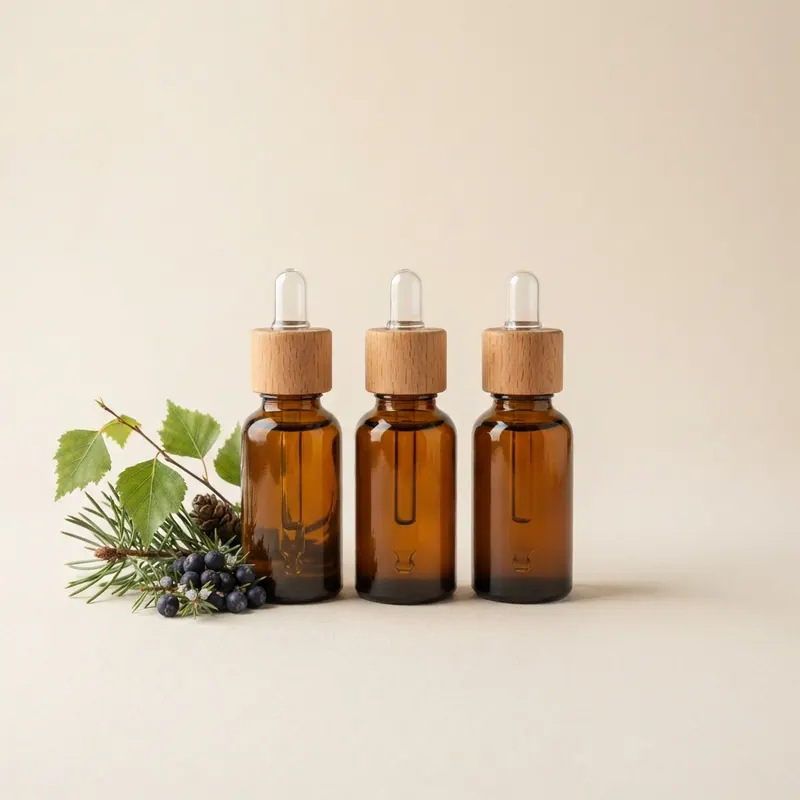 Three small brown glass bottles of scent oil