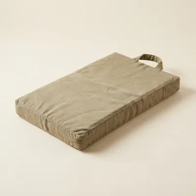 Linen kneeling pad in khaki with a carry handle