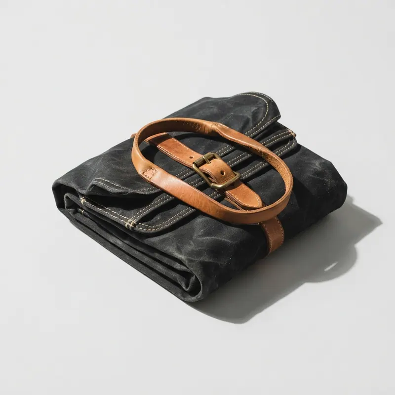 Fold Weekender folded flat beside its leather handles