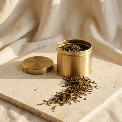 Golden Hour Darjeeling in a brushed-brass tin
