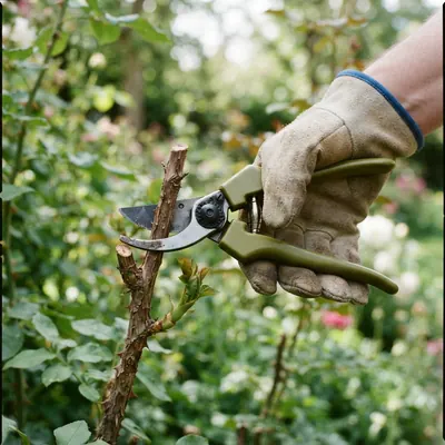 Pruning shears cutting a rose stem